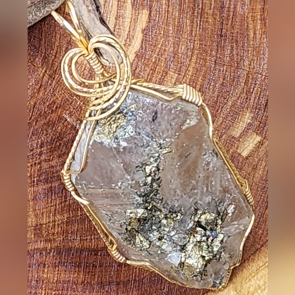 Gold Tone Wrapped Raw Stone Necklace